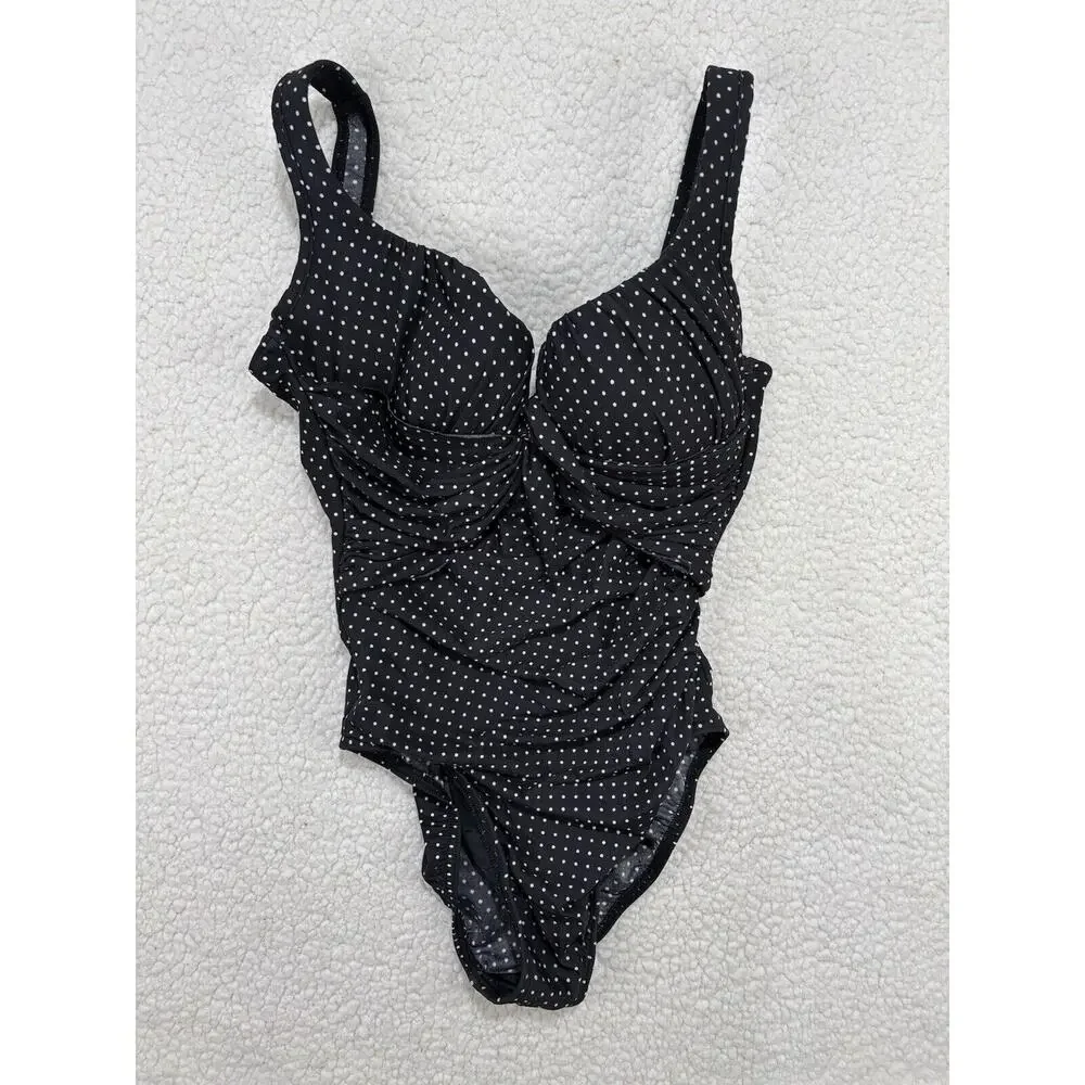 Vtg Miraclesuit Black One Piece Swimsuit Polka Dot Ruched Underwire Shaping Slim